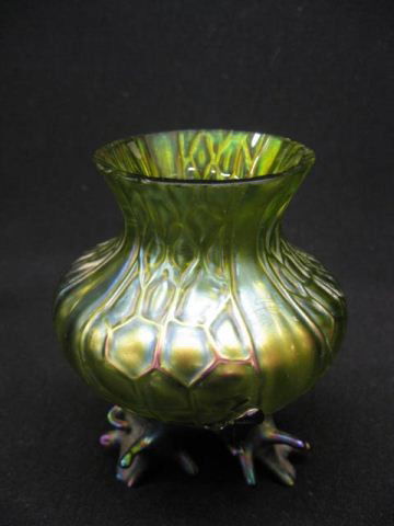 Loetz Art Glass Vase, iridescent green with branc: iridescent green with branch coral style base, 4", loss.