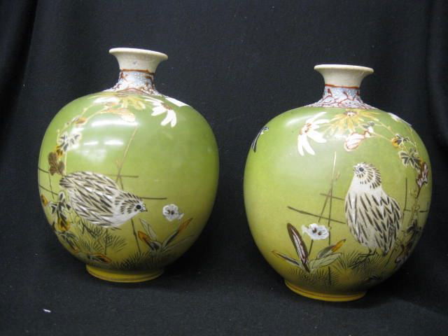 Pair of Japanese Satsuma Pottery Vases, bird & flo: bird & floral, green background, 6", circa 1900.