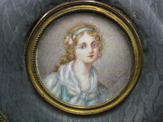 French Victorian Dresser Box with miniature portra: miniature portrait on ivory of young lady, artist signed, cut glass & ormoulu base, 4 1/2" diameter.