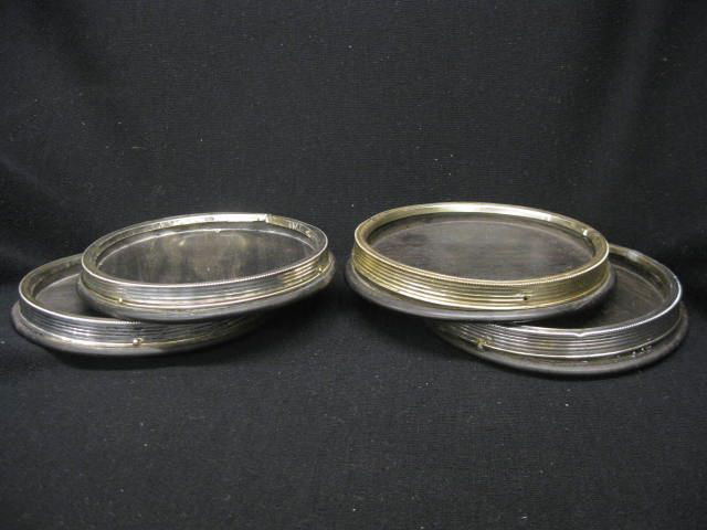 Set of 4 Sterling & Ebony Wine Coasters, oval, 5": oval, 5" x 6 1/4", wooden base, hallmarked.