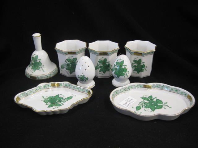 8 pcs. Herend Porcelain; green floral, salt, peppe: green floral, salt, pepper, bell, 2 1/2" vases & 2 dishes, excellent.