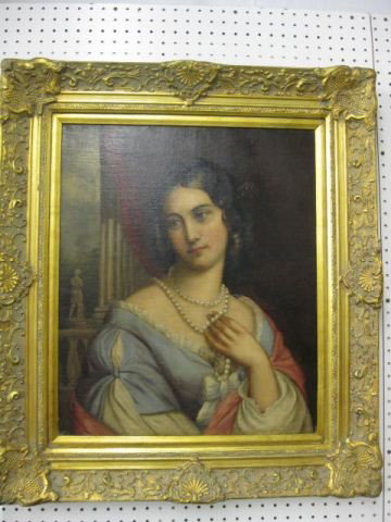Portrait, Young Woman Wearing Pearls, oil on canva: oil on canvas, 19th century, image area 24" x 20".