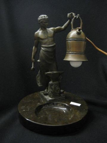 Bronze Figural Lamp, young blacksmith at work, mar: young blacksmith at work, marble dish base, 10 3/4" tall.