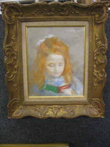Lucien Philippe Moretti, Oil on Canvas, young: young girl reading, (1922 - 2000), image area 9" x 11", well listed artist, circa 1965. LUCIEN MORETTI The art of Lucien Moretti combines the keen observations of a dedicated people-watcher and the ta