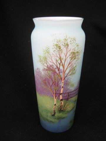 Enameled Art Glass Vase, landscape with stream & : landscape with stream & birch trees on fine blue satin cased glass, 7", excellent, circa 1900.