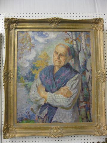 Impressionist Oil on Canvas, older woman at rest a: older woman at rest against a birch tree, 24" x 30".