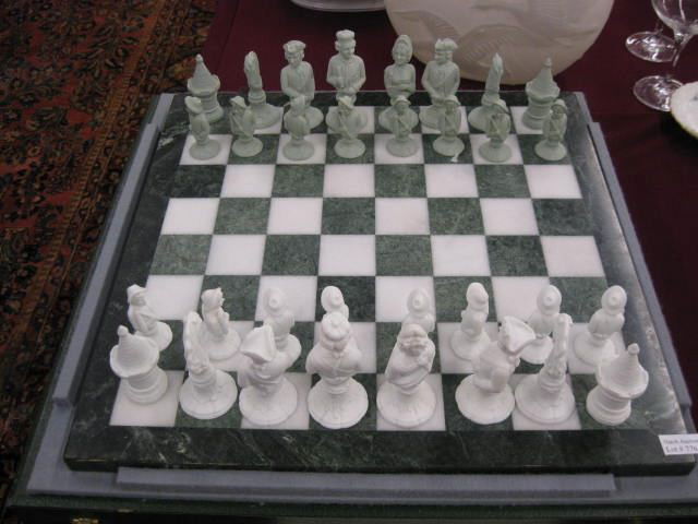 Furstenberg Porcelain chess Set, marble board, ori: marble board, original box, excellent, appears unused, tallest piece is 3 1/2", parian finish.