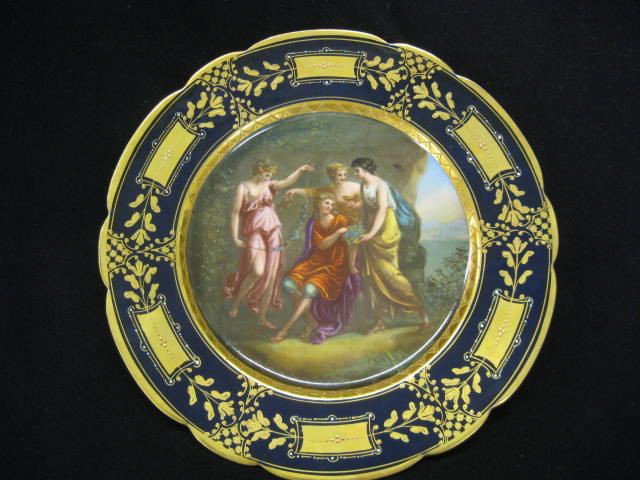 Royal Vienna Handpainted Porcelain Cabinet Plate : Plate "Grorien", four maiden in the garden, artist signed, superb quality, cobalt & gold border, 9 1/2" diameter, excellent.