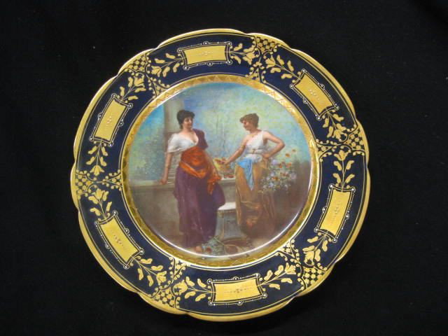 Royal Vienna Handpainted Porcelain Cabinet Plate,: Plate, "Der Frihling", maidens on the terrace, artist signed, superb quality, cobalt & gold border, 9 1/2" diameter, excellent.
