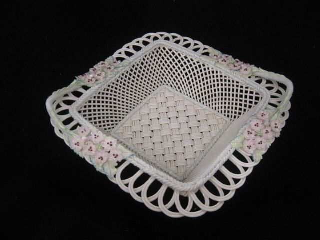 Irish Belleek Porcelain Basket, fine applied color: fine applied colored flowers, four strand, handled, 8" outstanding!