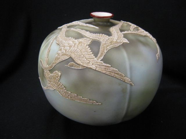 Nippon Moriage Handpainted Porcelain Vase,: flying geese, satin, 7", signed, scarce.
