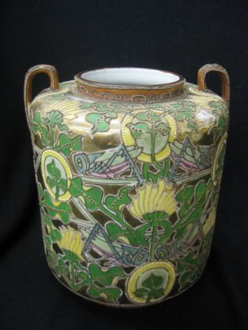 Nippon Moriage Porcelain Vase, elaborate scene wit: elaborate scene with grasshoppers & foliage, heavy goldwork, handled, signed, 9 1/2" tall, 8" diameter, scarce.