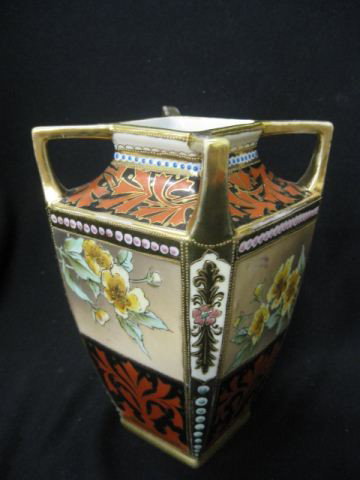 Nippon Handpainted Porcelain Vase, deco style pane: deco style panels with flowers, handled, 7 3/4" tall, signed, excellent.