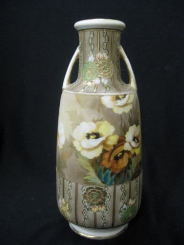 Nippon Handpainted Porcelain Vase, panel floral, s: panel floral, satin, handled, signed, 9 1/2".