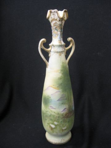 Nippon Handpainted Porcelain Vase, satin landscape: satin landscape with swans, handled, signed, 13".