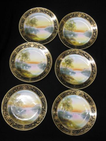 6 Nippon Handpainted Porcelain Plates, swan on lak: swan on lake, gold & cobalt trim, 6 1/2", signed, excellent.