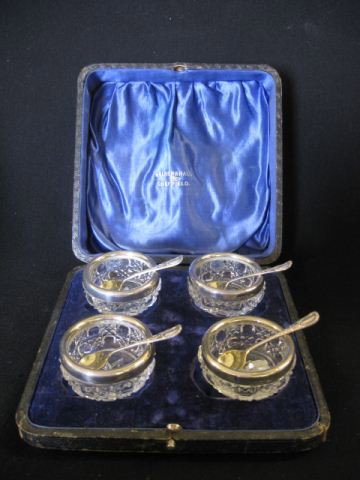 English Silverplate & Cut Crystal Salt Cellars, wi: with spoons, in original box by Walker & Hall, circa 1890.