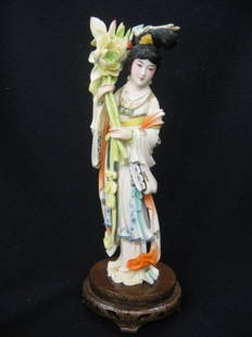 Chinese Carved Ivory Figurine of a Lady, fancy po: fancy polychrome & gold trim, 9" tall plus silver inlaid wooden stand, excellent.