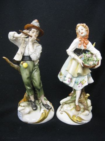 Pair of Capodimonte Porcelain Figurines, flower s: flower seller & flute player, 8 1/2", circa 1920's, excellent.