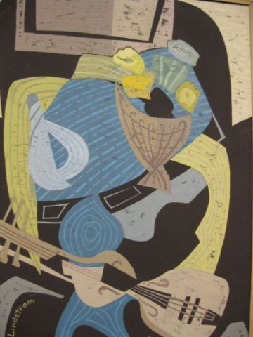 Lindstrom, Oil, Cubist style, Guitar player: label of Gresler Galleries, Milwaukee, on masonite, 24" x 32", we consider this one of the artists most important works. This artwork along with others signed Lindstrom is from an estate in Sarasota F