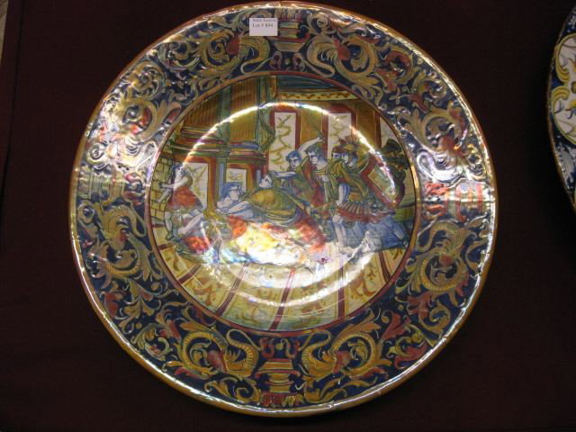 Italian Majolica Faience Pottery Charger, signed,: signed, Roman "takeover" scene, 16 1/4".