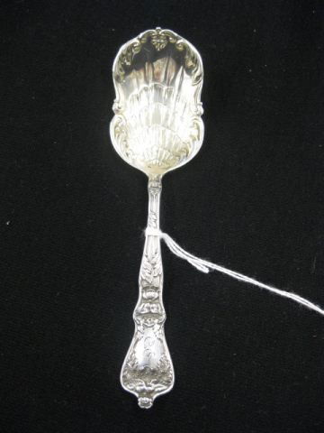 Manchester Poppy Sterling Silver Jam or Sugar Spo: Spoon, elaborate scalloped gold washed bowl, excellent, monogram, 5 1/2".