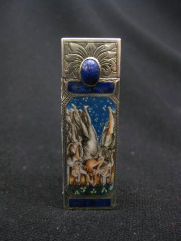 Italian Enameled Silver Lipstick Holder, "Three G: "Three Graces", lapis gem set, .800 fine silver, 2 1/4" long.