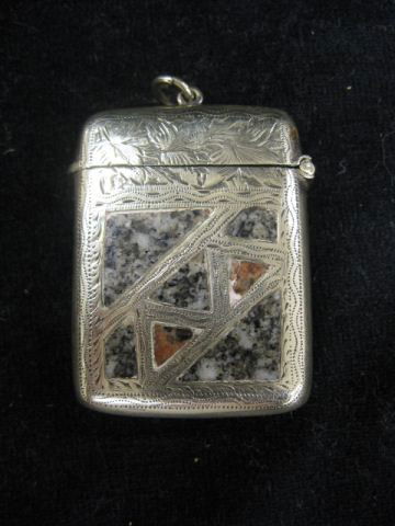 Scottish Stone Inlaid Match Safe, agates, nickel: agates, nickel silver, loop at top for attaching to watch chain, circa 1890, 1 3/8" x 1 7/8".