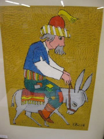 Obican, Oil, Man Riding a Donkey, well listed: well listed Judaica artist, image area 14"' x 20". Jovan Obican, French (1918 - 1986) Jovan Obican was born in Cannes, France, of Yugoslav parents. From childhood on, Jovan practically devoted himself