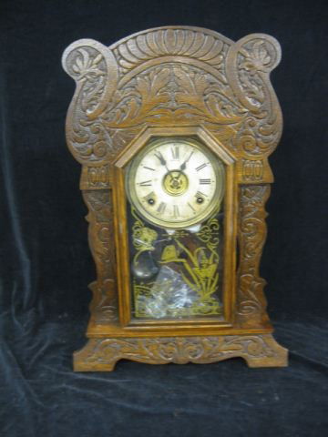 Sessions Carved Oak Mantle Clock, fancy gingerbre: fancy gingerbread case, 23" tall, working.