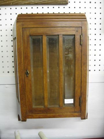 Pair of Oak Wall Cabinets, beveled glass, locking: beveled glass, locking, 8"x 14".