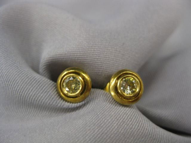 Diamond Solitaire Earrings, .33 carat total, fan: .33 carat total, fancy light yellow, artist signed Julius Cohen, 14k pierced yellow gold settings, with appraisal of $1450.00