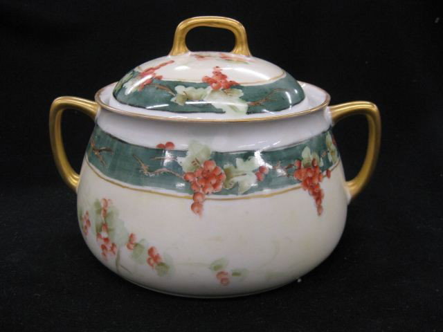 Handpainted Porcelain Biscuit Jar, red grape & vi: red grape & vine decor, gold trim, artist signed E.W. Kling, 5 1/2" tall, 8" diameter, excellent.