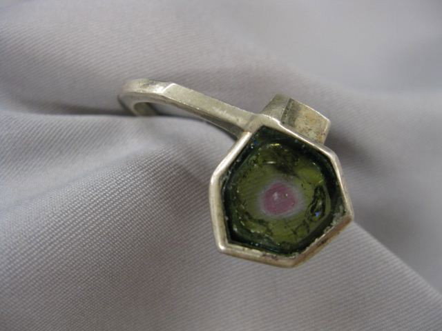 Watermelon Tourmaline & Sterling Ring by Winfred: by Winfred Clark Shaw, exhibited, circa 1970. Winifred Clark Shaw was an accomplished artisan and a highly regarded UNH professor, who taught jewelry, metalsmithing, and weaving here from 1954 to 1987