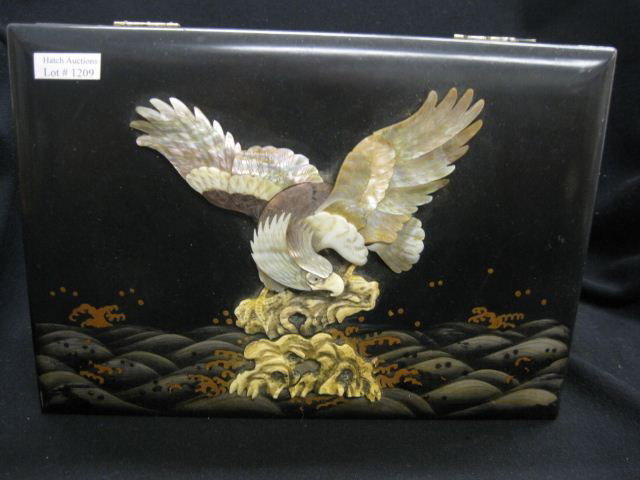 Japanese Lacquerware Jewelry Chest with carved iv: with carved ivory & abalone eagle on top, very fine detail, 8" x 11".