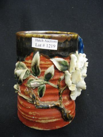 Sumida Oriental Pottery Mug, applied floral,, 5",: signed.Sumida Pottery This colorful ware was made for export to the West and is usually heavy and covered with figures in relief. Most pieces are everyday objects such as tea pots, vases, and mugs. Th