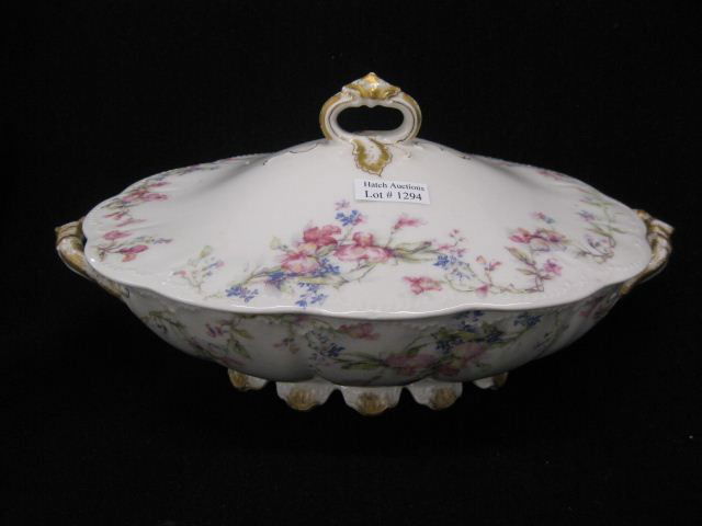 Haviland Limoges Porcelain Covered Vegetable, flo: Vegetable, floral, gold trim, 8" x 12", excellent.