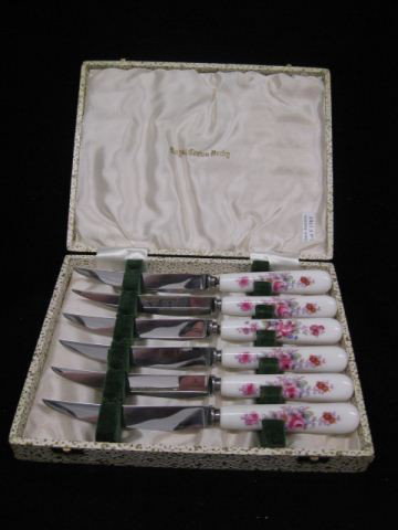 Set of 6 Royal Crown Derby Porcelain Steak Knives: Knives, in original box, floral handles, excellent.
