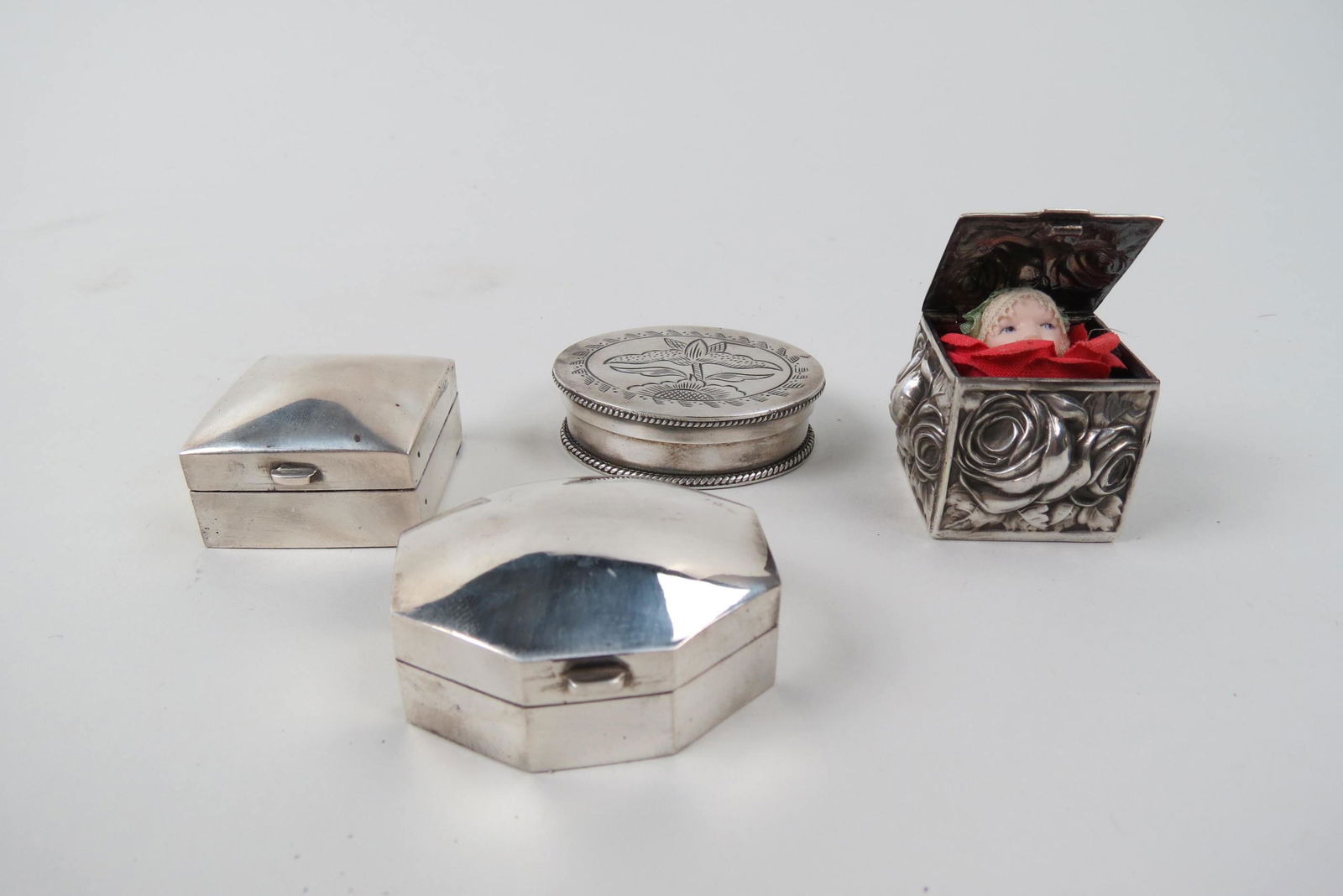 4 Silver Boxes, sterling raised floral (1 of 6)