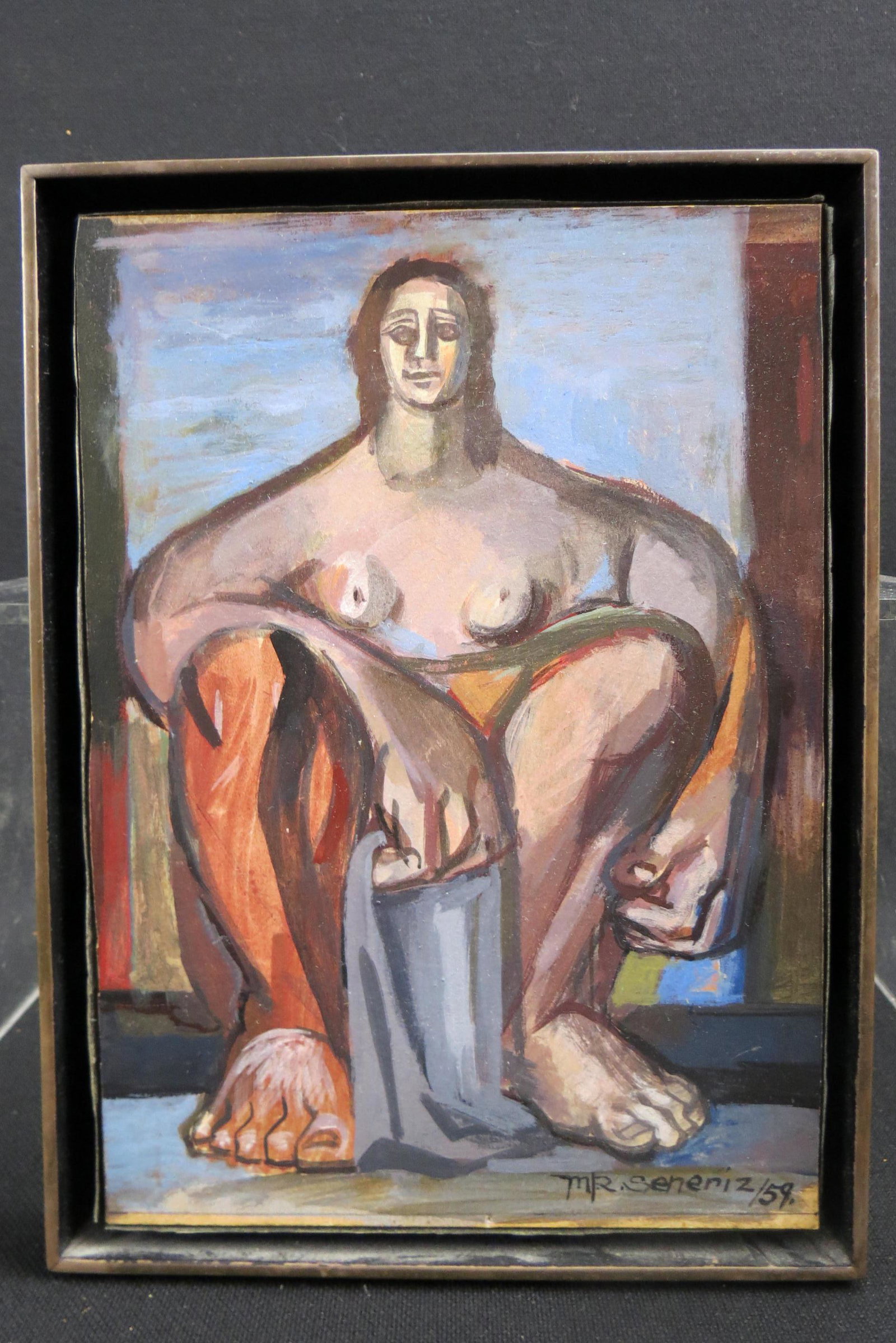 Maria Rodriguez Seneriz, oil, Seated Nude Female,: signed and dated 1959, well listed Puerto Rican artist, 1927-1983, image area 9" X 6 1/2" plus bronze frame.