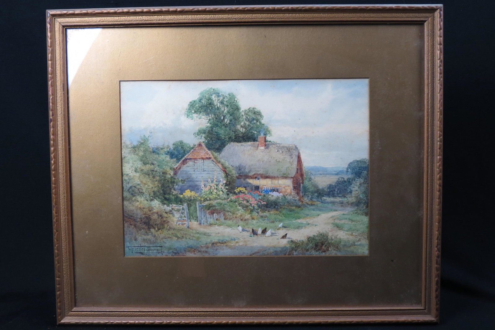 Henry Sylvester Stannard, watercolor, English cottage: at Springtime, chickens out in front, well listed artist, image area 10" X 14" plus mat and frame, well listed artist.......Henry John Sylvester Stannard was the Grandson of John (1794-1882) and son o