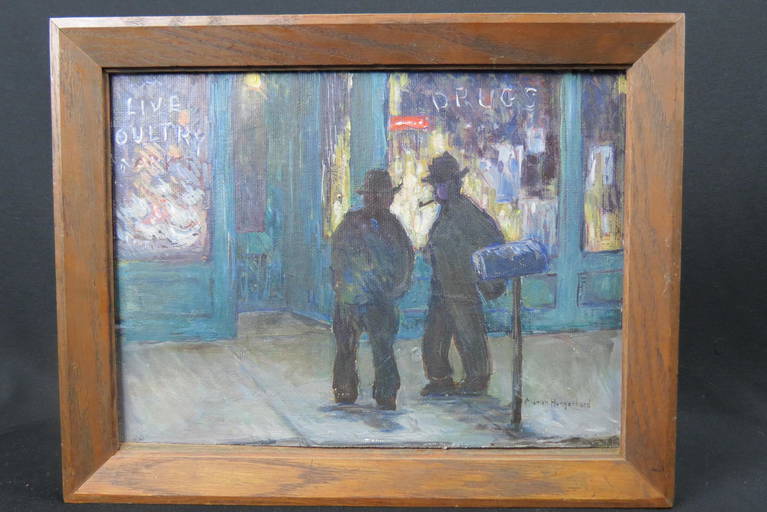 Marian Hungerford, oil, Two Men outside Drug Store (0092) on Sep 17