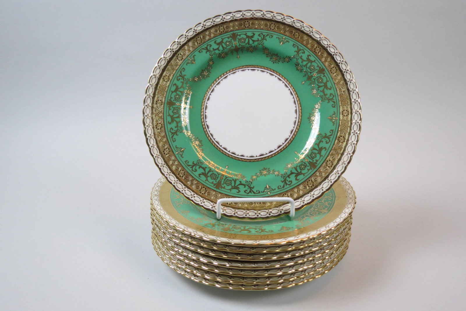 8 Minton China Plates,: elaborate gold work with green trim, fancy scalloped border, 10 1/2", excellent.