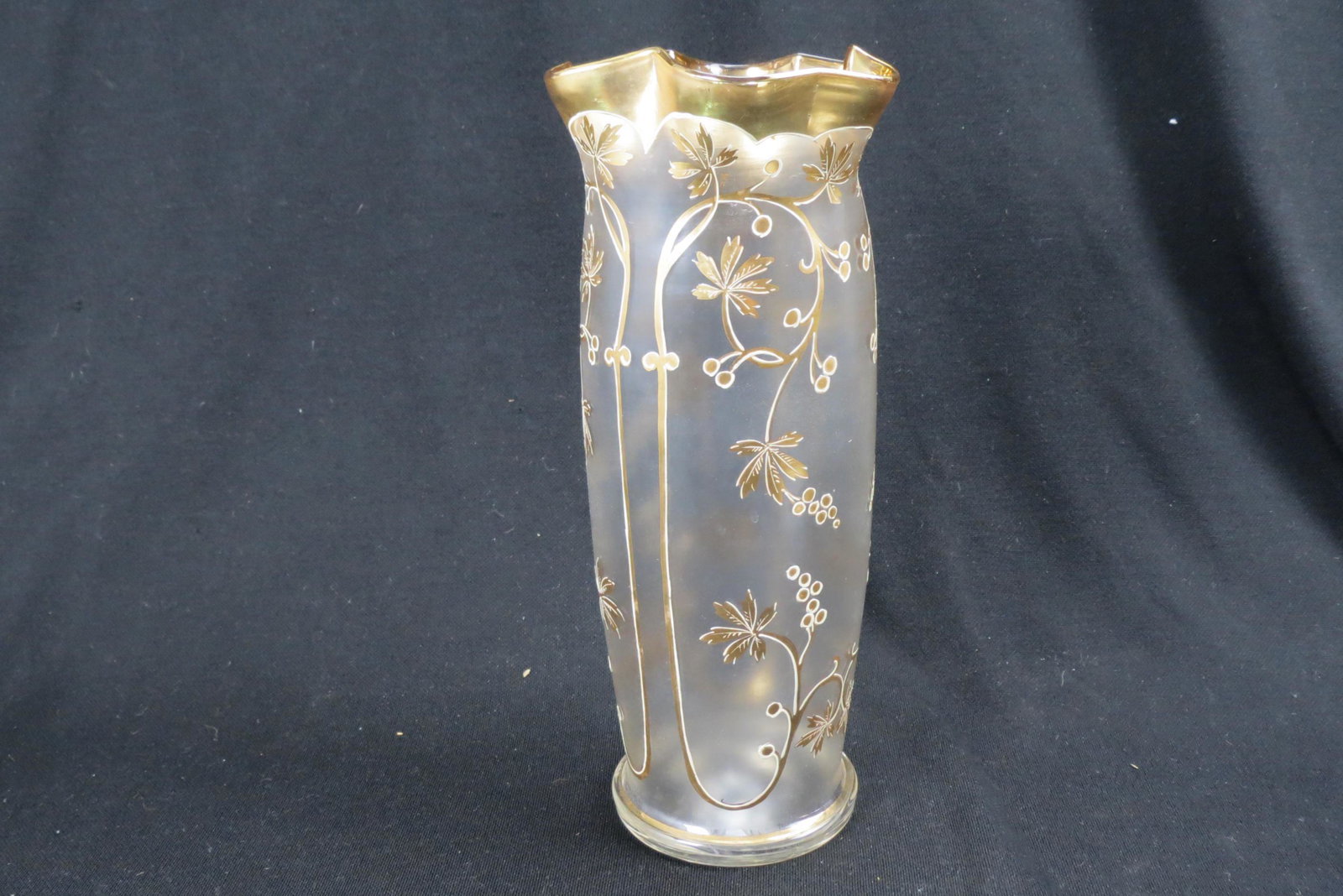 Victorian Enameled Art Glass Vase,: berry and vine on satin, 11 1/2", excellent.