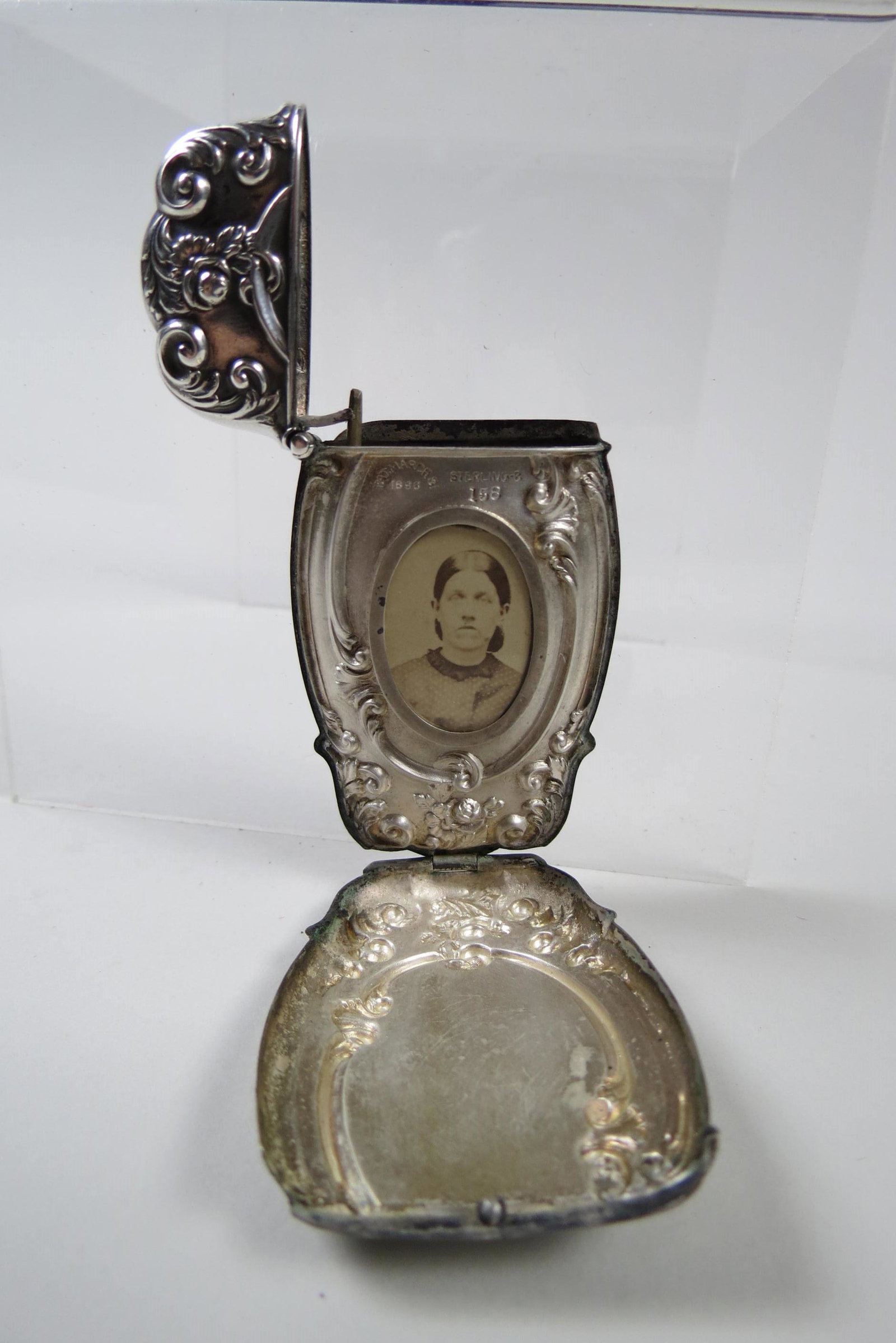 Sterling Silver Match Safe with Photo Locket,: hinged cover, rococo floral, pat'd 1896, 2 1/2" X 1 1/2".