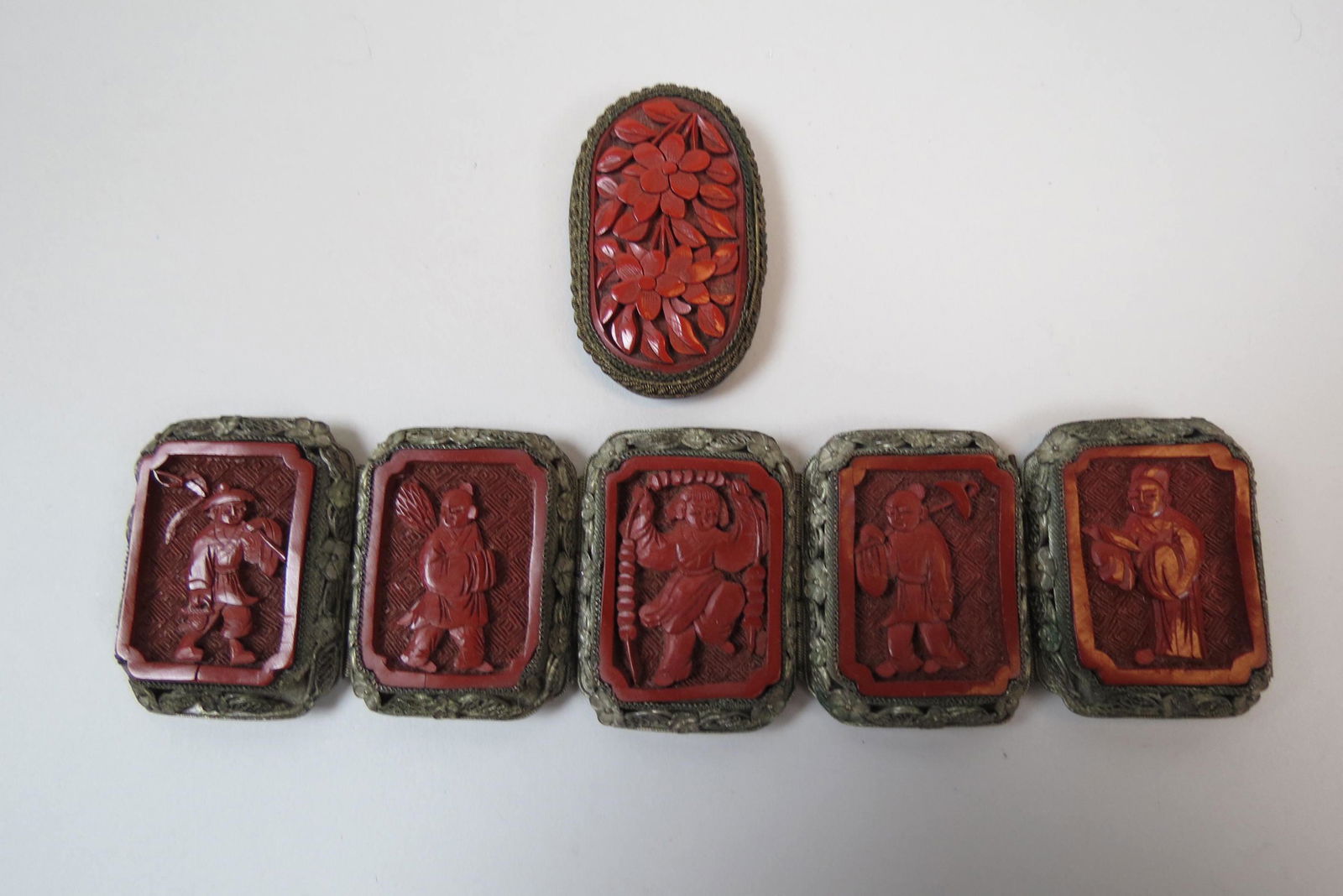 Chinese Carved Cinnabar Bracelet & Pin, (1 of 8)