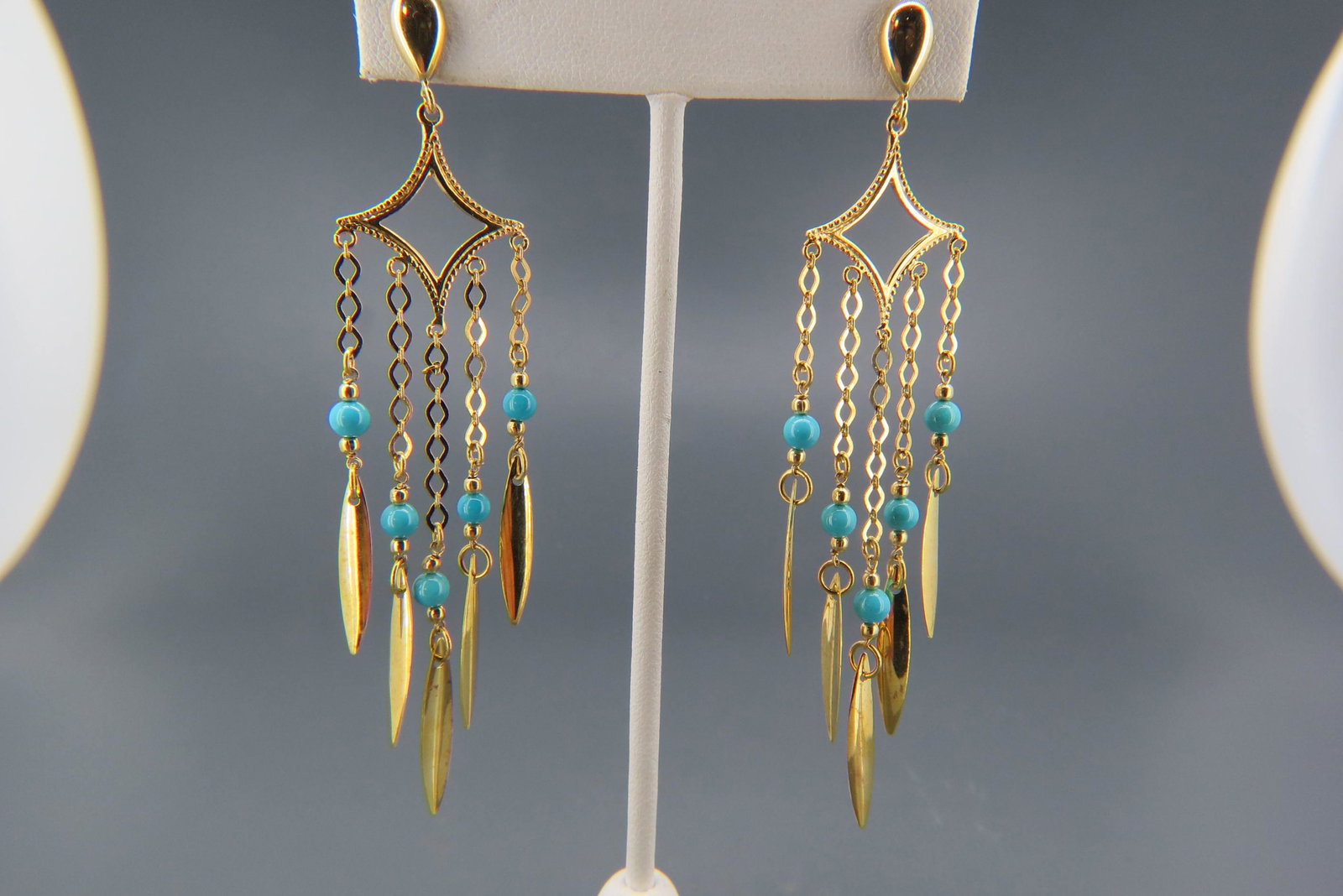 14K Gold & Turquoise Earrings,: dangle style with Persian blue beads, five dangles on each, 3 1/2" long, 7.8 grams.