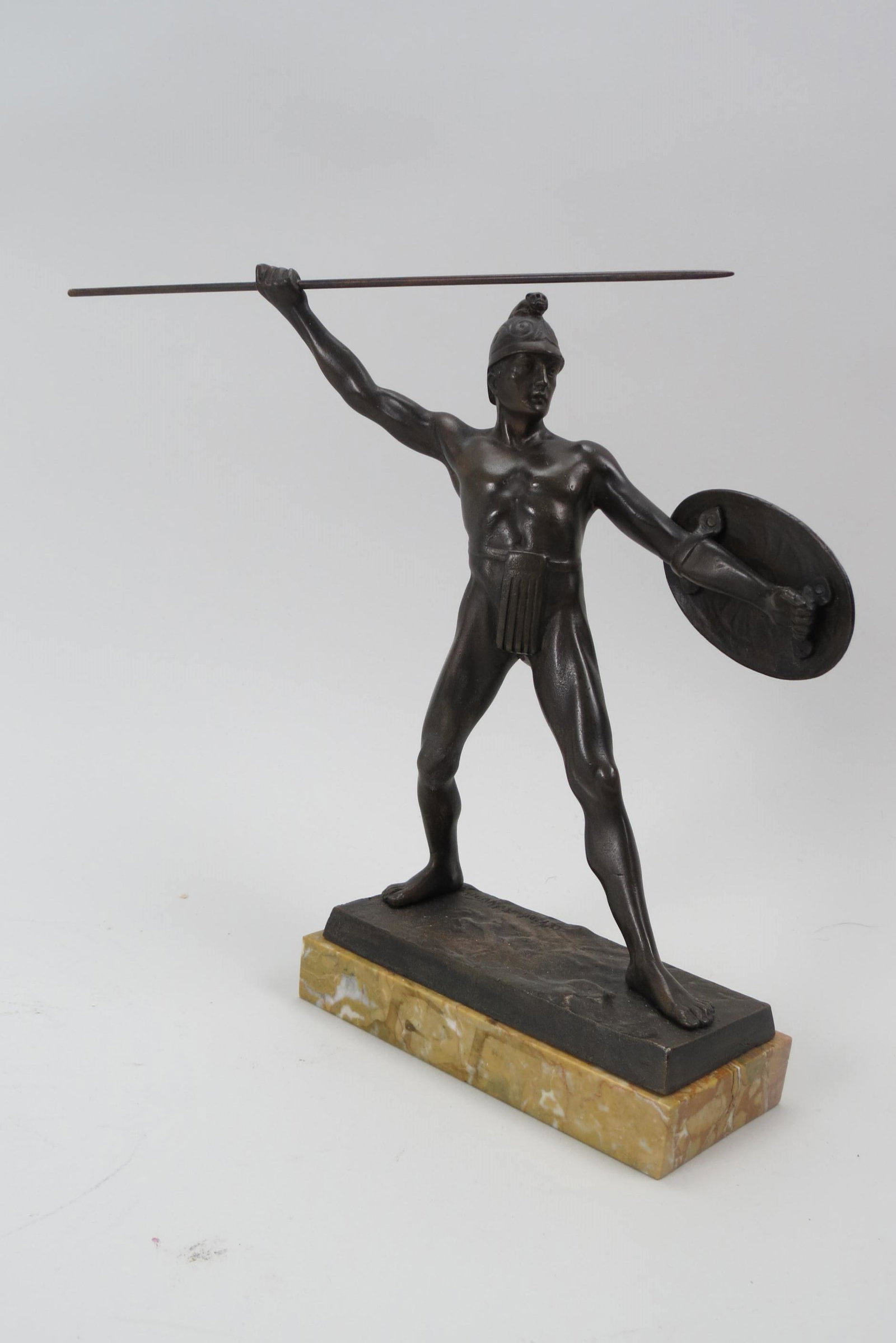 A. Vierfietullieh , bronze, Spartan King Leonidas,: male with spear and shield, Art Deco era, signed, marble base, 10" tall, excellent.