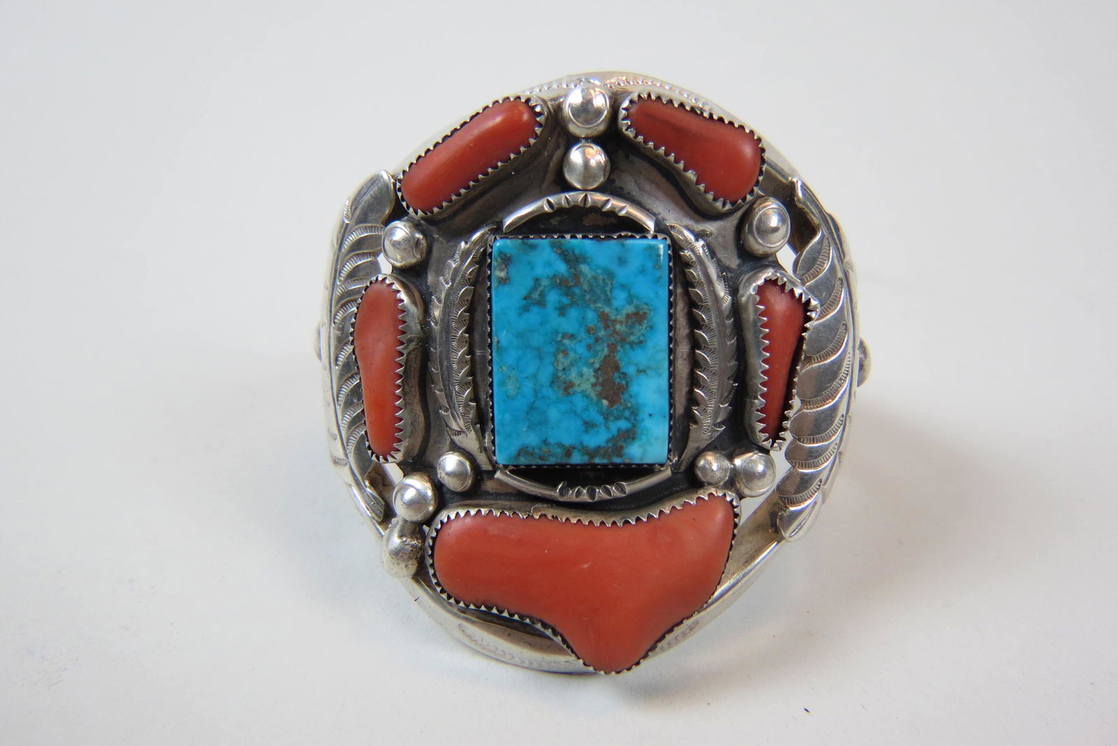 Navajo & Coral Sterling Silver Bracelet, (1 of 5)