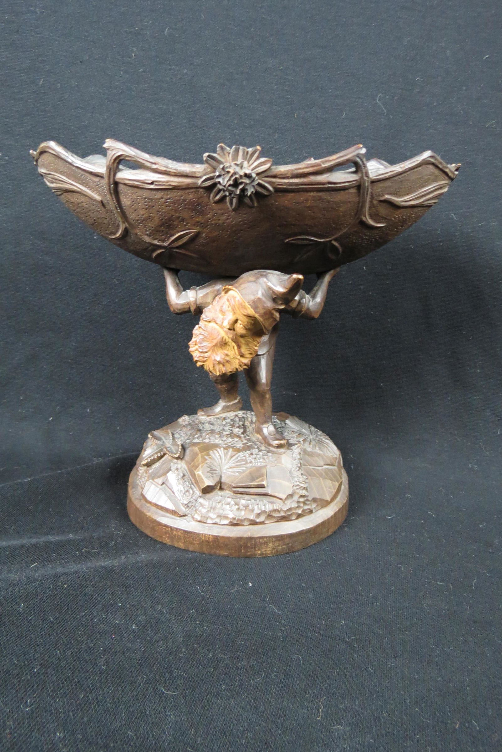 Black Forest Carved Wood Figural Gnome Compote, (1 of 6)